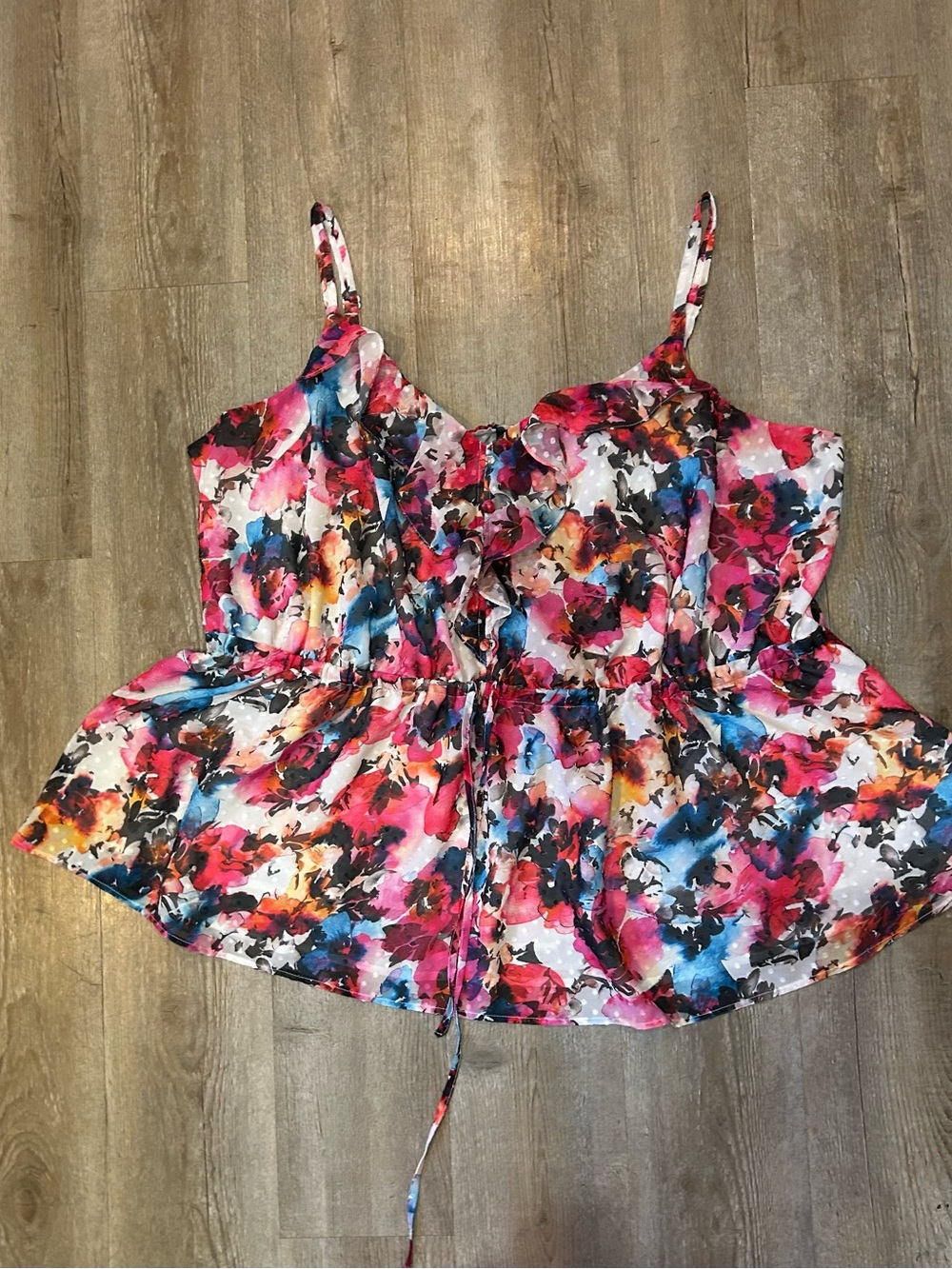 Torrid Floral Chiffon Clip Dot Ruffle Tie Waist Tank SZ 3